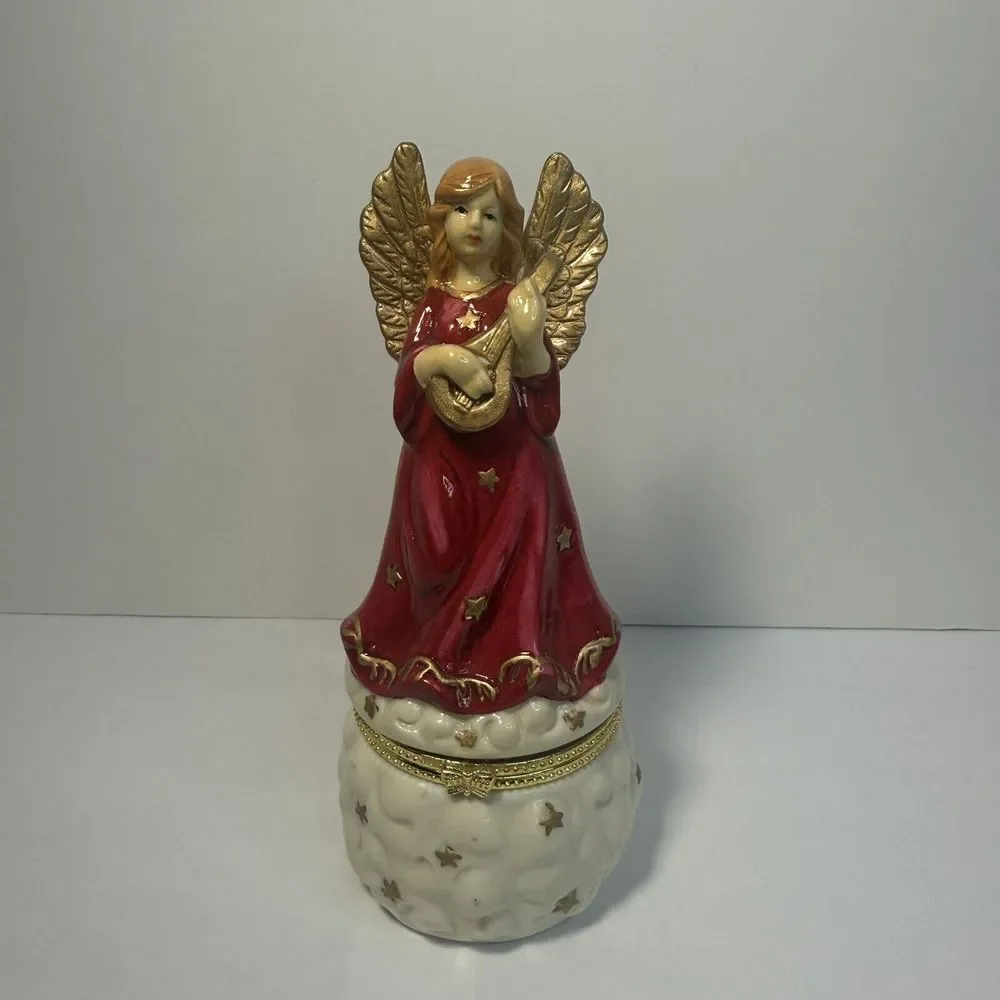 Angel w/ Mandolin Porcelain‎ Trinket Box Figurine Vintage Ring/jewelry Holder